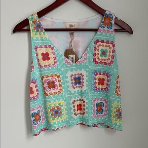 Mint Multicolor Crochet Print Cropped Tank Style# IST1216A NWT Size M